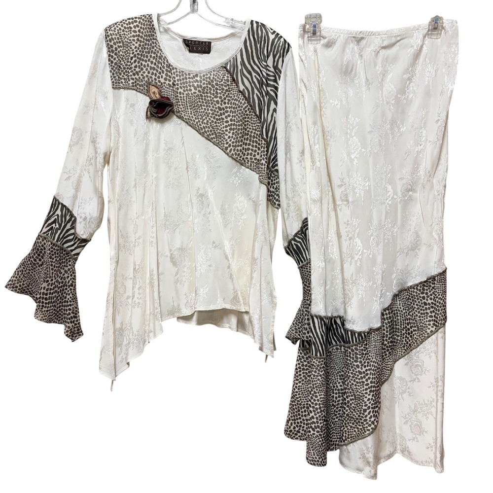 Spencer Alexis Silk Blend Animal Print Jacquard Skirt Set White Tan 12 82057